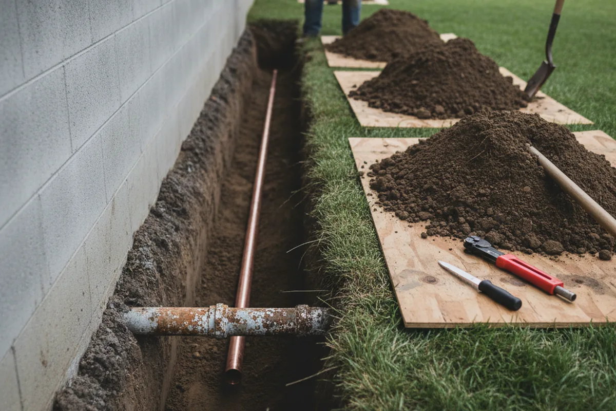 Excavated water line trench during Water Softener Installation in Fishkill